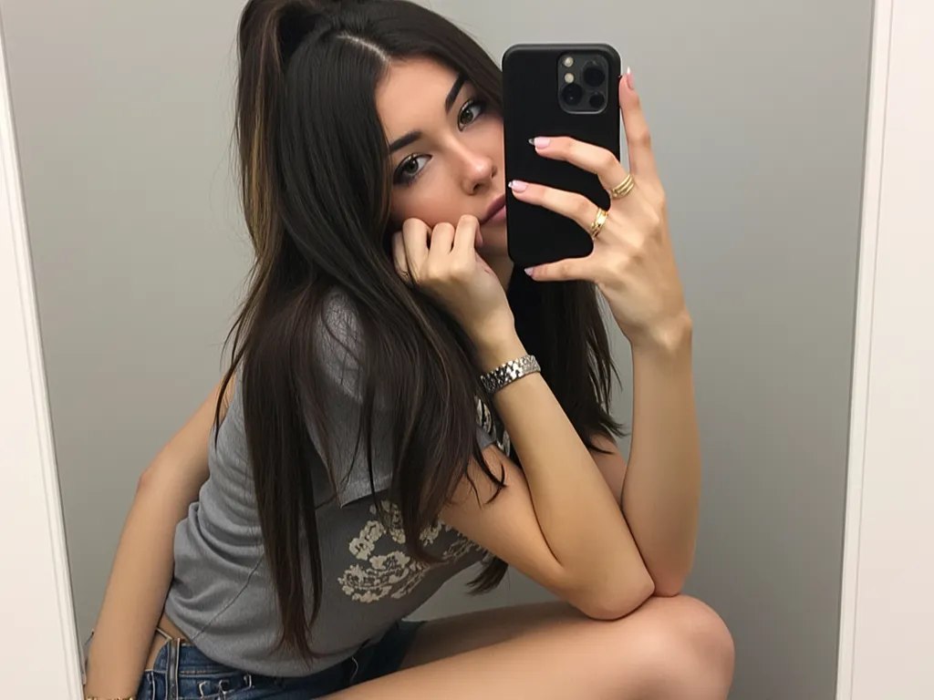 A 17-year-old girl with long black hair, white skin and brown eyes,  white Caucasian, Sitting on the floor taking a picture in the mirror holding the cell phone with one hand cell phone covering her face