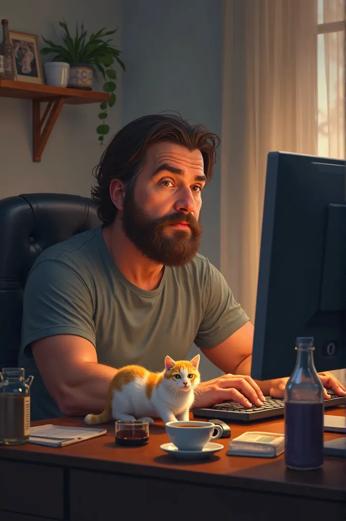 brown man, with dark brown hair and a full beard drawn on a computer screen in front of the computer in his bedroom and a white and yellow kitten a cup of hot tea and a bottle of water on his desk