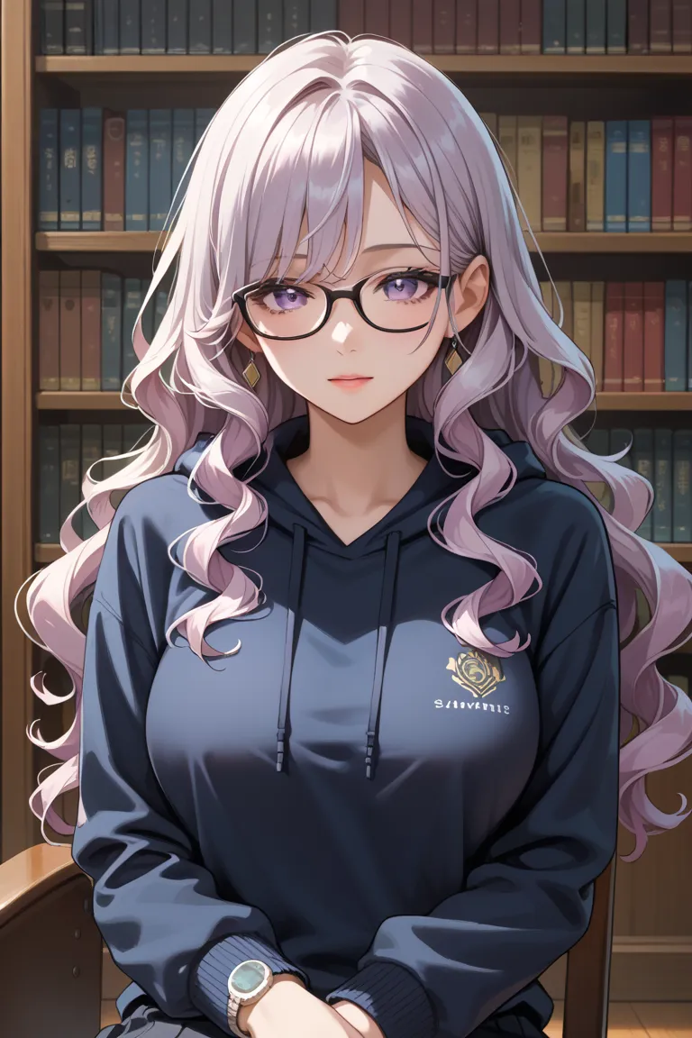 score_9, score_8, score_7, fancy fixes, accurately in viewer, masterpiece, top quality, source anime, 
alone concentrated, fit girl, (very long wavy hair), dark beige hair, pinned bangs, light purple eyes, short eyes, black glasses with under frame, glasse...