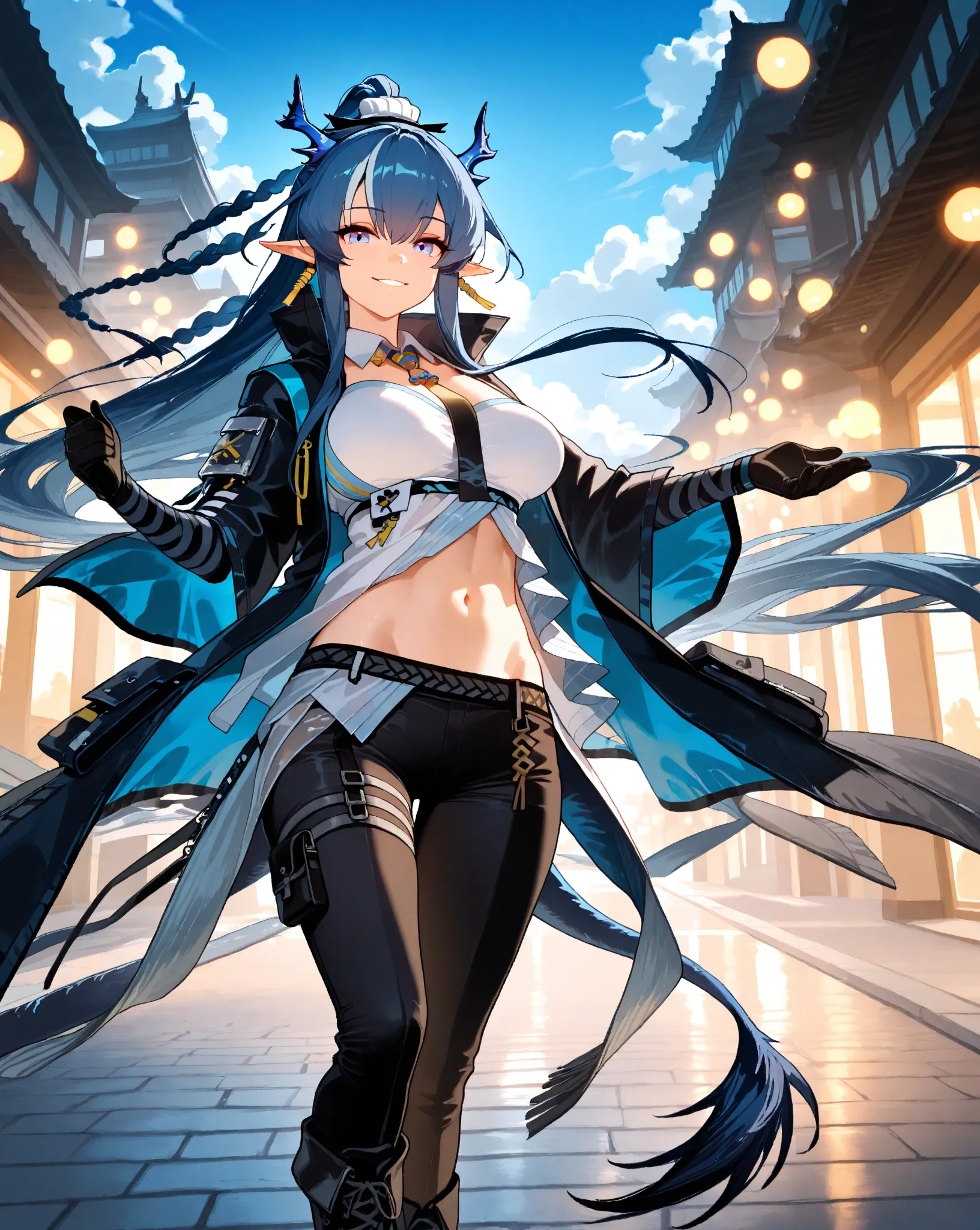 {{super detail, best quality, anatomically correct, high quality, high details, highres, masterpiece, best quality}}, masterpiece, best quality, 1ngdef, ling (arknights), 1girl, solo, dragon tail, streaked hair, blue hair, white hair, hair between eyes, br...