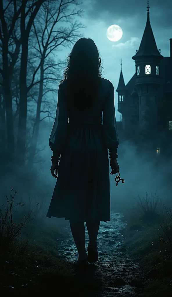 Mystery novel cover, (dark atmospheric setting:1.4), (silhouette of female protagonist:1.3), (antique key visible:1.2), (subtle fog:1.1), (Victorian manor in background:0.9), (moonlight:1.3), (title placement space at top:1.5), (author name space at bottom...