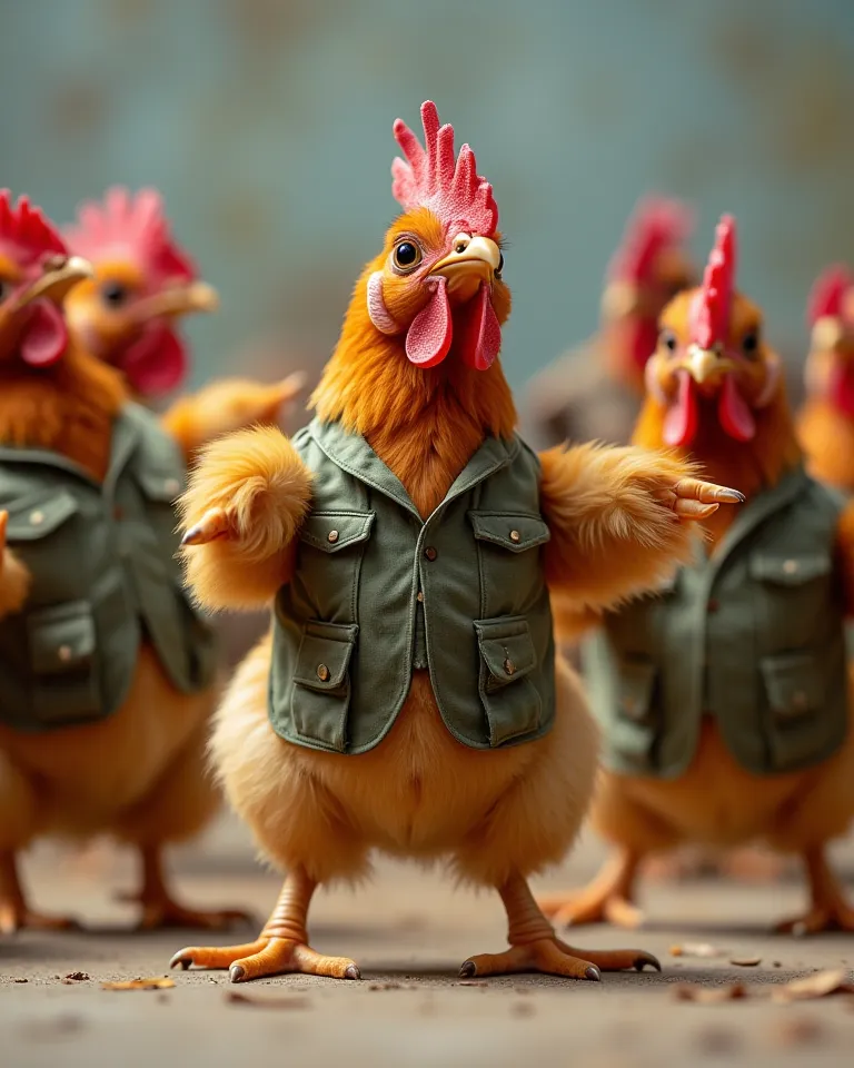 In a lively and humorous scene, a group of chickens dressed in military uniforms is dancing joyfully together. The lead chicken, adorned in a tiny camouflage outfit, struts confidently to the beat, flapping its wings and bobbing its head in rhythm. The oth...