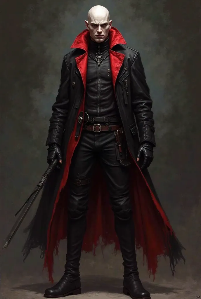 Create a character design of a Delaque gang member from the Warhammer 40,000 universe. The character is pale-skinned, bald, and wears a stylish outfit that varies from bright red to black from top to bottom. Dark and stealthy outfit. The attire should be s...