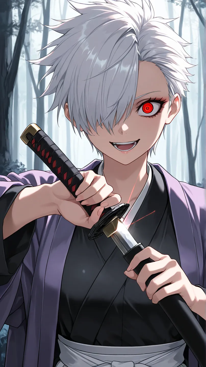 samurai ,
High quality ,  best quality , masterpiece,  High Resolution , anatomically correct,anime Coloring
1girl,solo, Cool woman, handsome woman, beauty in men's clothing
white hair,very short hair, handsome hair,spiked hair,,red eyes, hair over one eye...