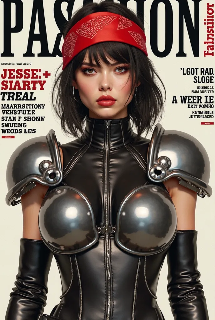  Create the cover of a fashion magazine with Jessie Rasberry from FFVII real woman hyperrealist Hyperrealism as the protagonist of the cover and with background texts as if it were a real magazine.  outfit.  hyperrealism. live action magazine. big breasts....