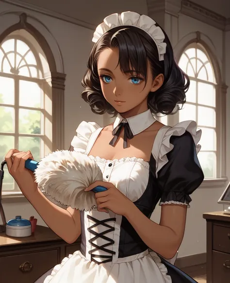 beautiful,cool,Osman,small girl,(((medium black hair))),blue eeyes,tsurime,19 years old,((((Brown Skin)))),1940s,Cleaning a room,wearing a revealing Victorian maid outfit