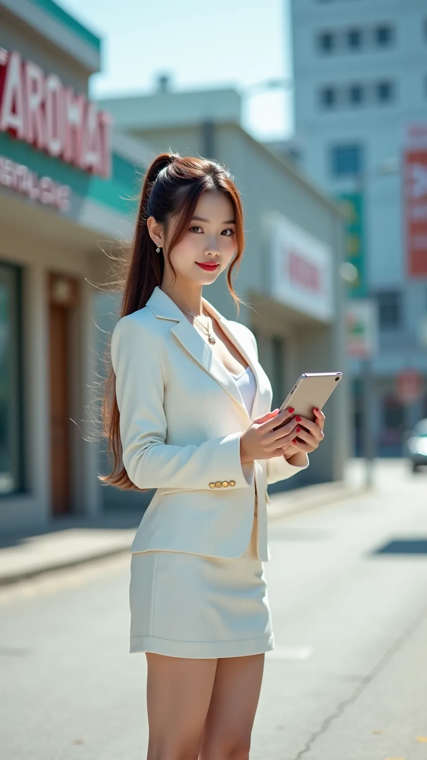 4k high-definition colorful and sharp image of a Korean girl with brown eyes, big eyes, chubby cheeks, fair skin, long brown ponytail, wearing a white suit, white skirt, red high heels, holding a tablet, standing on a deserted street, looking at the audien...