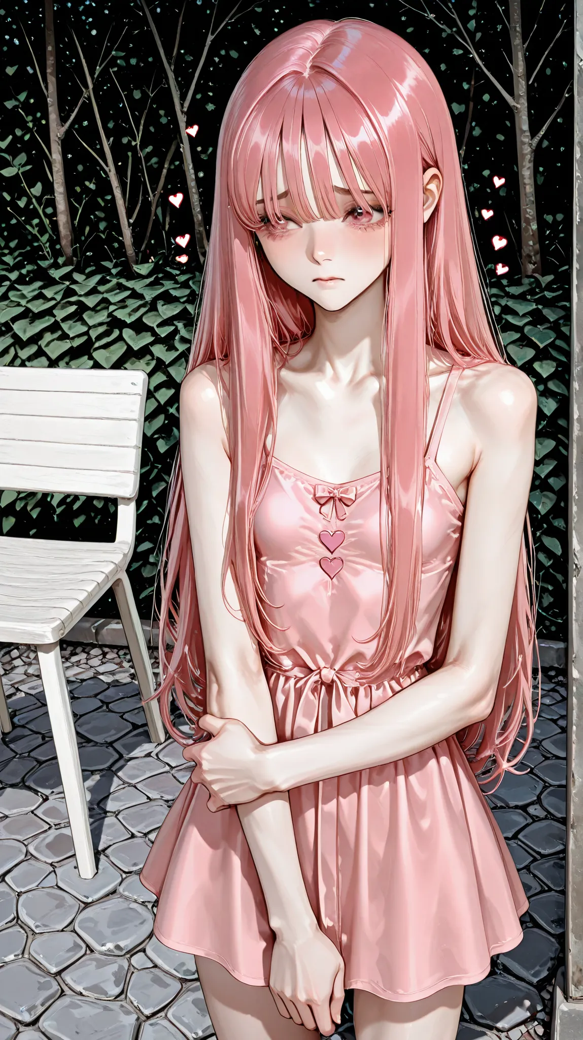 female, small boobs, very long pink hair, pink eyes, skinny, outside, summer, chair, , down a stone pathway, holding arm, wearing a pink dress with hearts, 120cm tall, bangs over one eyes, shy, timid 