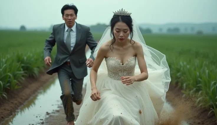 A dramatic and intense wedding escape scene set in a rural countryside, featuring a terrified 20-year-old Asian bride desperately running through a muddy dirt path. Her elegant white lace wedding dress, now splattered with mud, billows behind her as she fl...