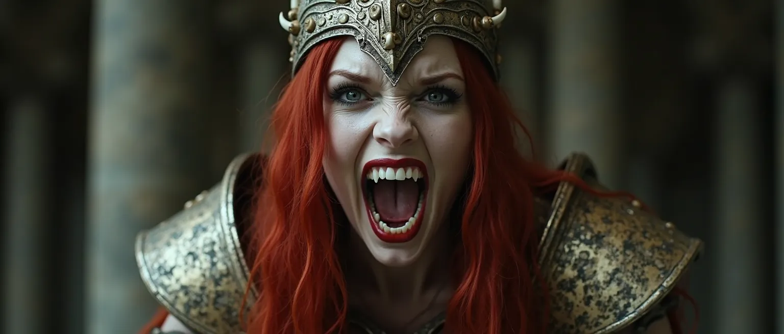 Photograph, Close-up, full-body photo of an attractive female vampire warrior with long red hair and sharp teeth, wearing ancient armor and a headdress made from bones, mouth open showing fangs in the style of H.R. Giger, cinematic.