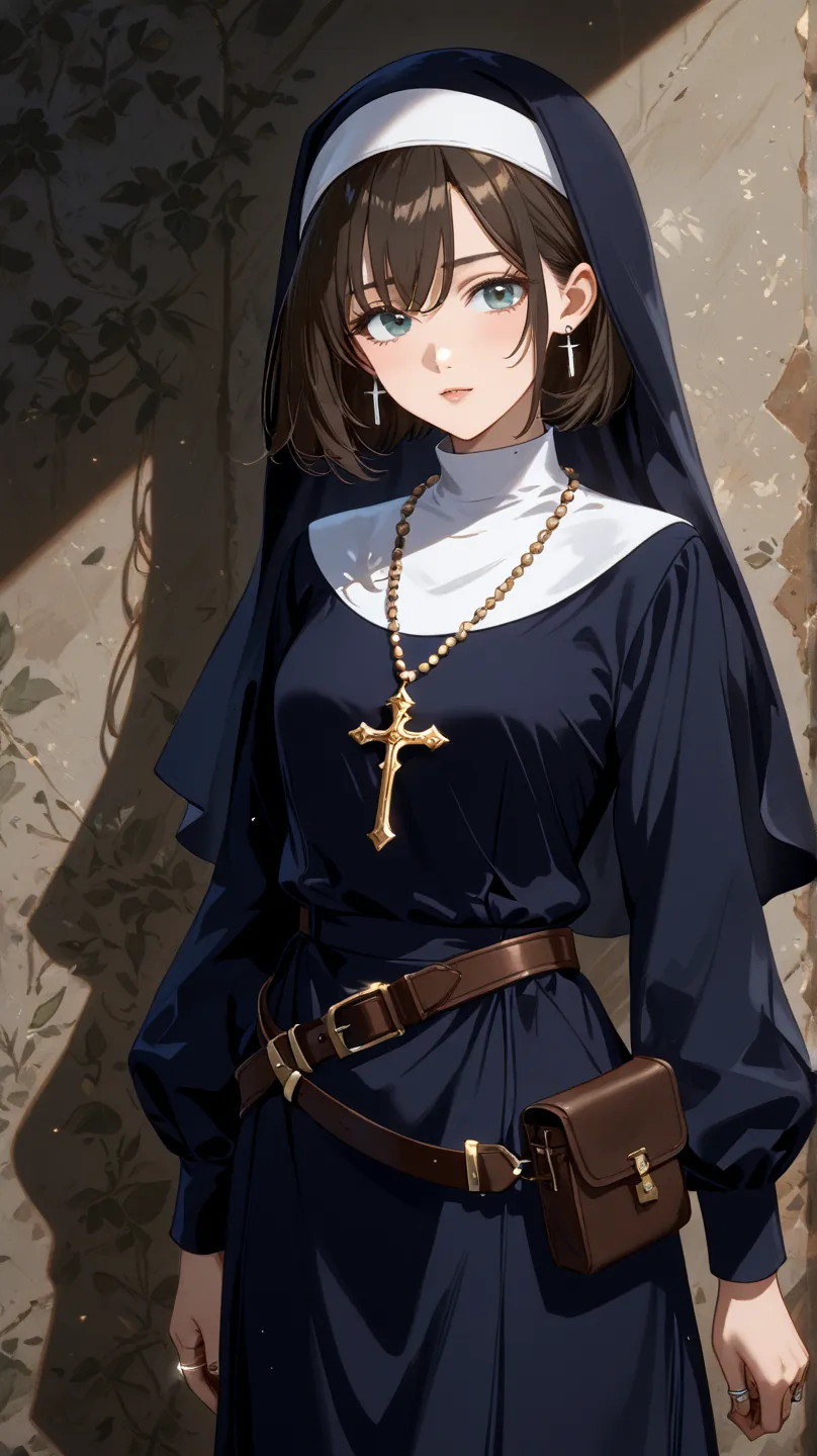 Female clergyman 　hairstyle is dark brown short bob　loose, matte, deep dark blue monastic uniform（dress）　Nun's Veil　accessory, a rosary、Small earrings on the ears、ring、Slightly loose waist belt　Small pouch　Dagger on belt