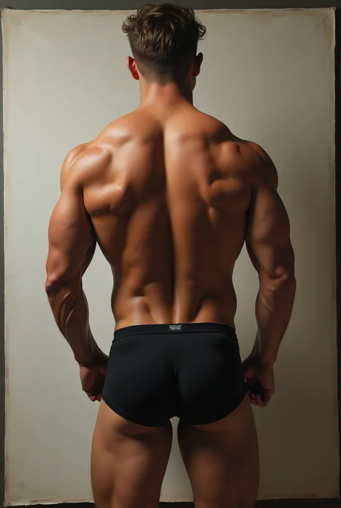 Sexy and fully naked man with a broad bubbly chest, thin waist, six packs, big, fatty, twenty inch broad bubble butt painting on a big canvas and wearing a black boxer brief 