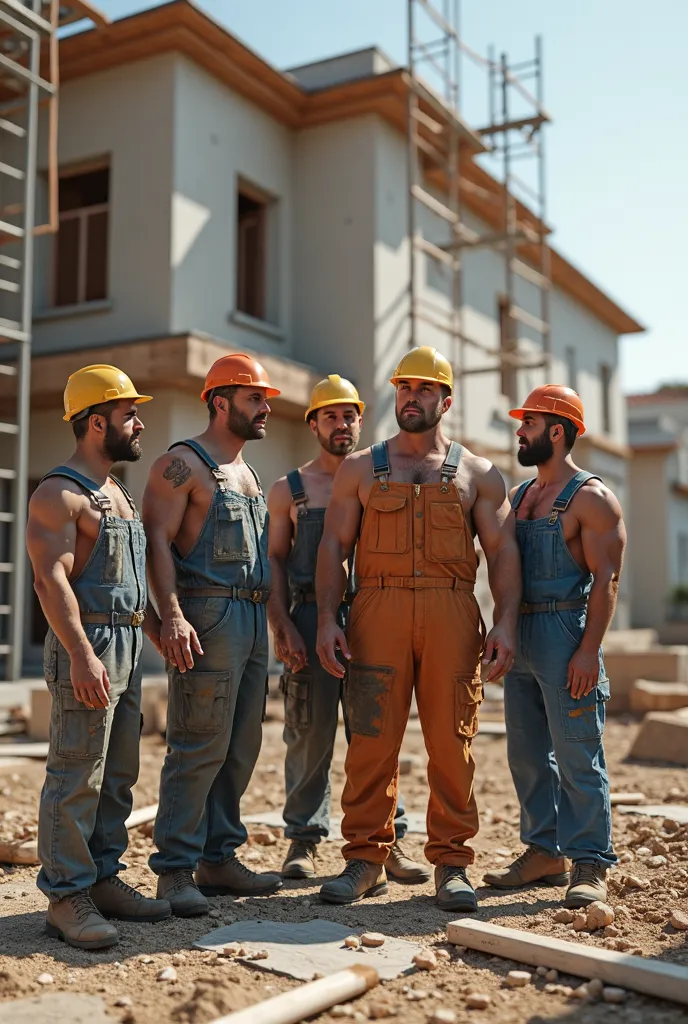 Create a highly realistic scene with five muscular men in jumpsuits (no beards, no t-shirts) standing on a construction site. Focus on natural lighting to ensure all details are clearly visible without harsh shadows. The men should be positioned dynamicall...