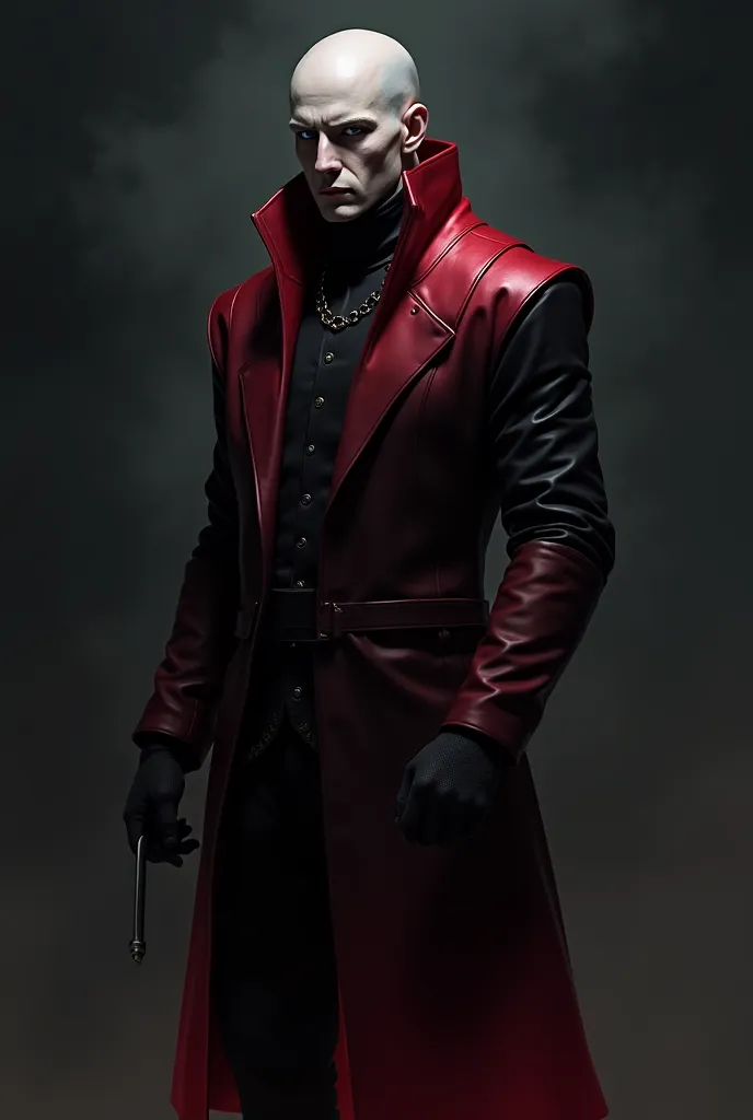 Create a character design of a Delaque gang member from the Warhammer 40,000 universe. The character is pale-skinned, bald, and wears a stylish outfit, the color of which varies from bright red to burgundy to black with a gradient from top to bottom. Dark ...