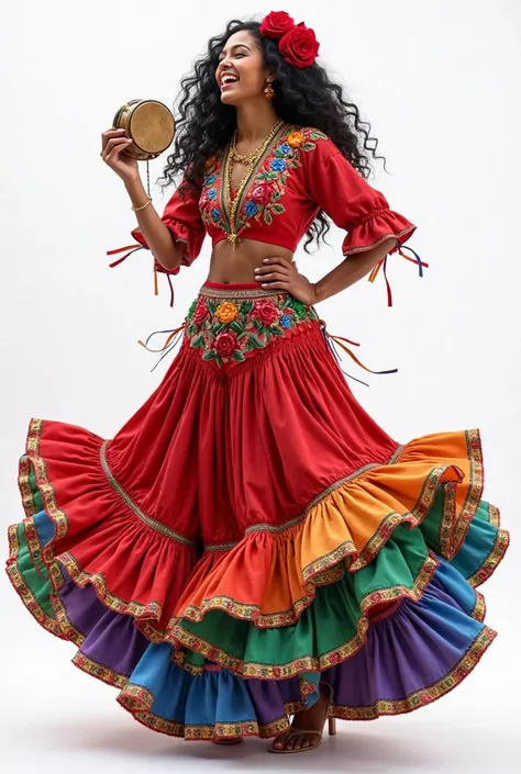 Create real image with a white background of a medium-bodied Moroccan Islambul-style woman singing with a tambourine of colored ribbons Moroccan full size medium size healthy medium body from Istanbul Midsize healthy cheerful,  smiling a lot, A lot of happ...