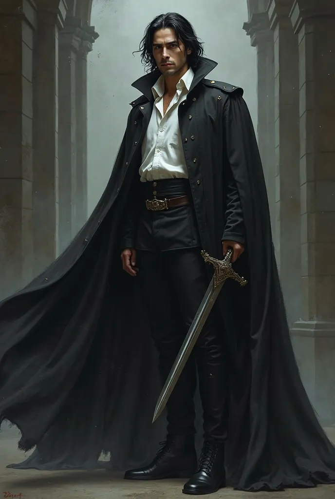 A prince wearing a black cape with a black cape with black hair and a white shirt with black boots has a sword in his hand 