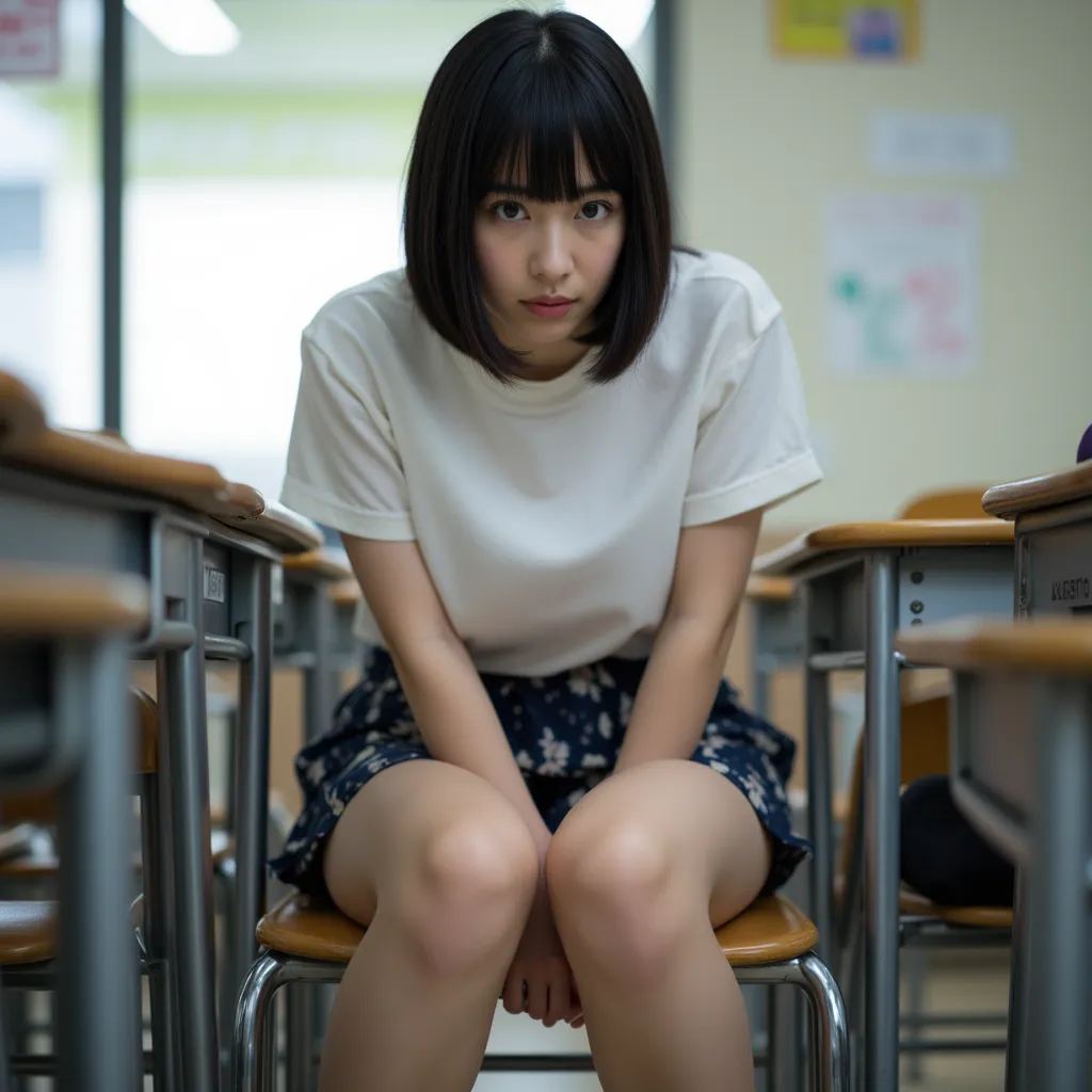  Japanese high school girl、Big Breasts、plump thighs、Bare legs、black hair bob hair、full body shot、looking at camera、sitting on a desk in the classroom、 from below、He has an intimidating attitude、A slightly angry expression、From the below.