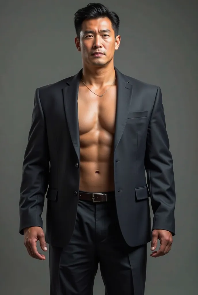 Korean-Thai mixed race big Muscular man 45 year old Full body in Suit or Shirt pants or Suit without Shirt underneath.