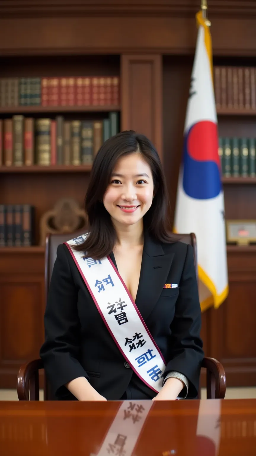 "A Japanese woman in a formal presidential office, sitting confidently at a large wooden desk. She wears an elegant suit and has a sash with Korean characters on it. Behind her, the South Korean flag is displayed. She looks proud and authoritative, as if s...