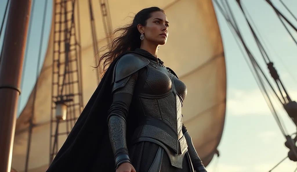 draw a super beautiful and gorgeous, middle aged, ancient Persian female warrior, standing tall and gallant on the deck of a ship. wearing a black armor with a long black cape, with a sword on her waste. her right hand is on the sword handle. her left hand...