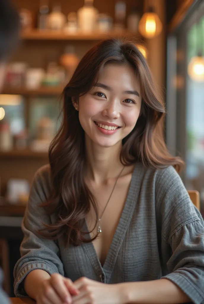 「man and woman enjoying conversation at the cafe、beautiful young woman、Japanese Style、 long brown hair 、gentle smile、Deep, attractive eyes、natural makeup、Warm atmosphere in the store、background blur（ bokeh effects ）、realistic skin texture、romantic atmosphe...