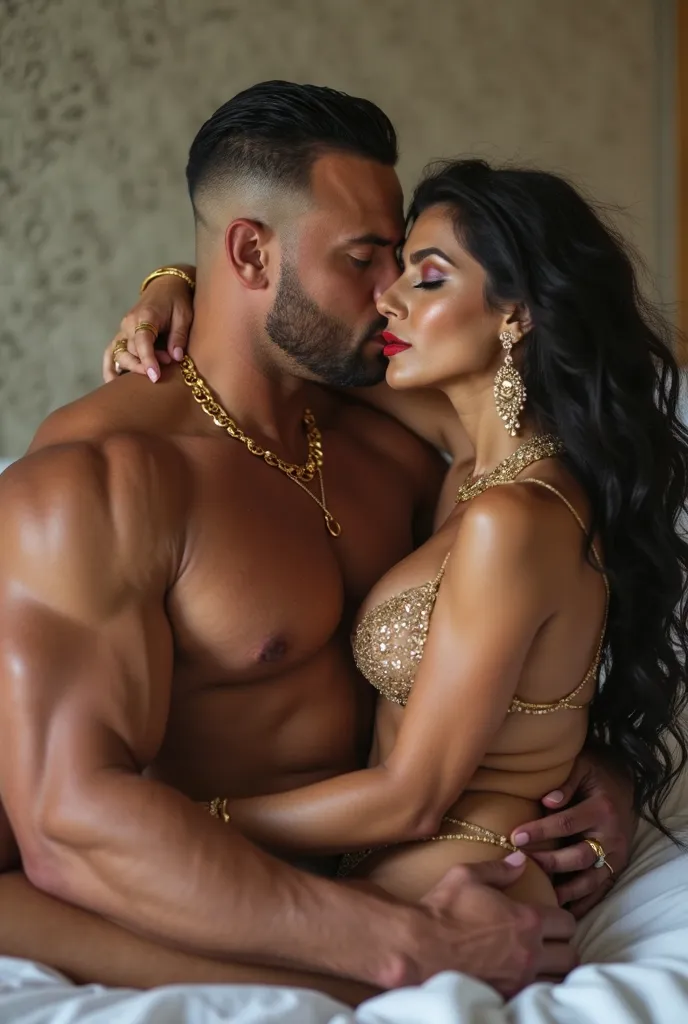 a very very much tall and huge big muscular and very very huge man with very huge muscles, smooth shiny and a little dark tanned skin, fade haircut, Gold necklace and gold earrings and a swimsuit hugging and kissing A beutiful thin woman with very bare and...