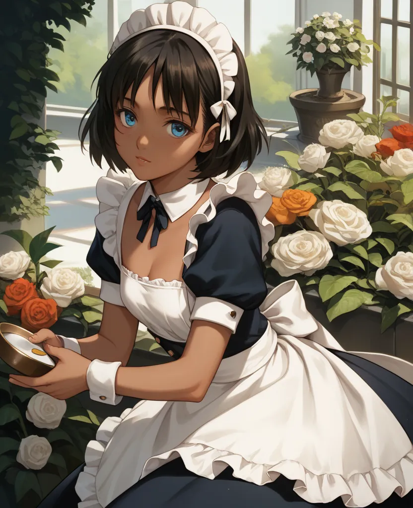 beautiful,cool,Osman,small girl,(((medium black hair))),blue eeyes,tsurime,19 years old,((((Brown Skin)))),1940s,wearing a Classic maid outfit,Pruning in garden