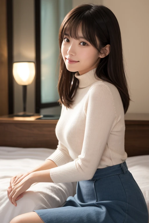 A young Asian woman is photographed at an angle, slightly to the left of the center of the frame. She is facing away from the camera, her hair is long, dark brown, and flowing enough to reveal her bangs. She is wearing a slightly loose, soft-textured pale ...