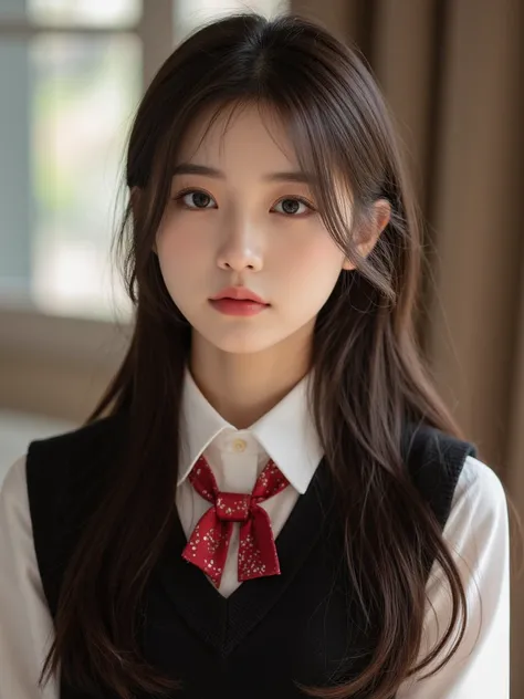 Very Cute Girl、school uniforms、 slim、 glitter、Warm and soft atmosphere、bangs、photorealistic, 8k, HDR, beauty, delicate,  refined ,  attractive, Natural Skin Tone,  Vivid Eyes,  soft hair for cell phones, In uniform,  slimな体型,  glitterとした光沢, Warm and Envelo...