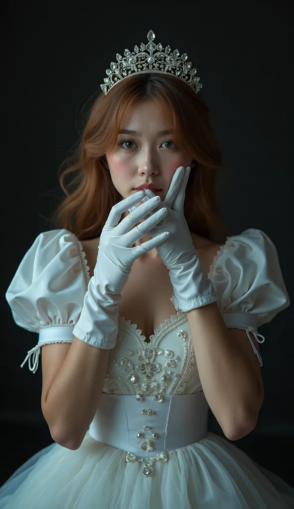 nsfw,  Alice in Wonderland,black background、  focus on the girl, one girl,R, alone, Front  , full body,   ahegao, many gloves, touching hands with white gloves , Multiple white gloves,white gloved hands touching a girl's face、white gloved hands touching a ...