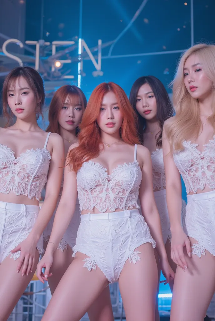 A girlgroup of 8 pale skinned Korean girls with varying hair colors