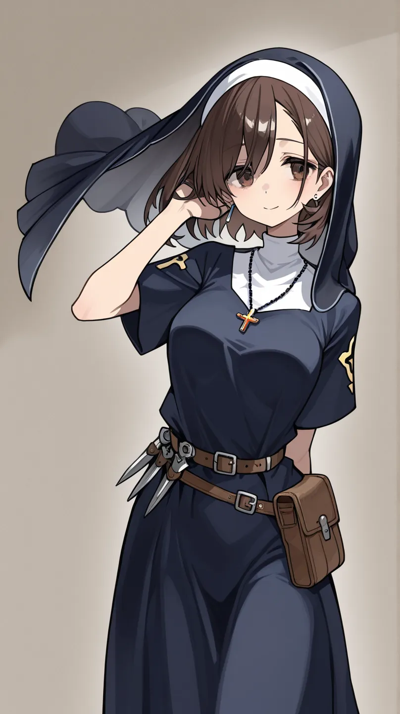 Female clergyman 　hairstyle is dark brown short bob　loose, matte, deep dark blue monastic uniform（dress）　Nun's Veil　accessory, a rosary、Small earrings on the ears、ring、Slightly loose waist belt　Small pouch　Dagger on belt