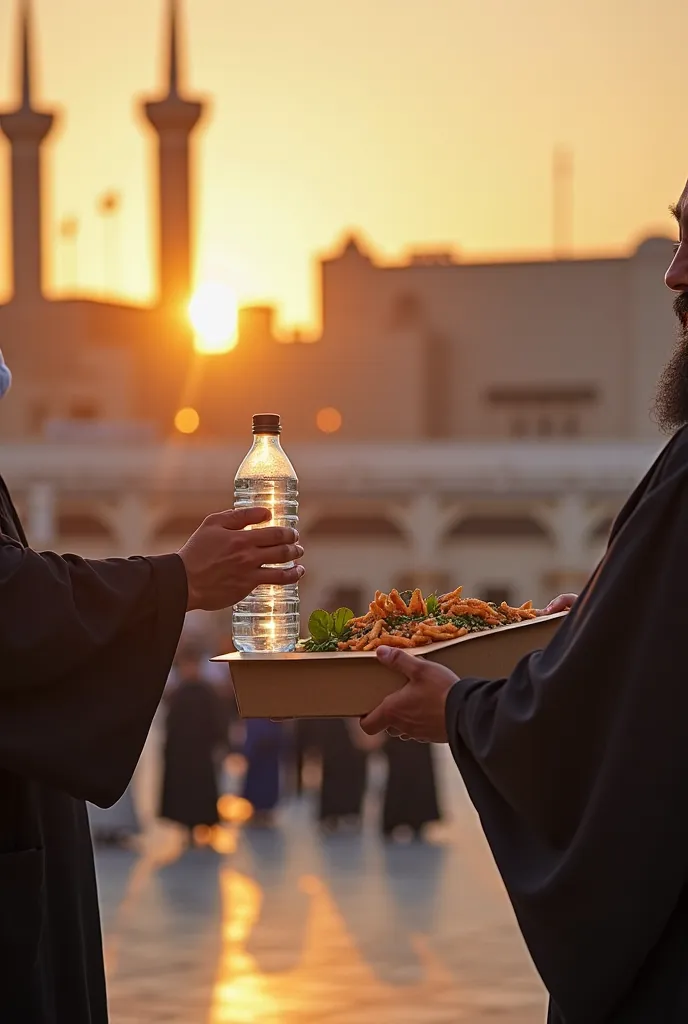 The right hand of the ustadz holds the food box and the left hand holds a bottle of water to be distributed to the umrah worshipers with the kakbah background distributed to some umrah worshipers in Mecca relistis, warm colours, sunset time
