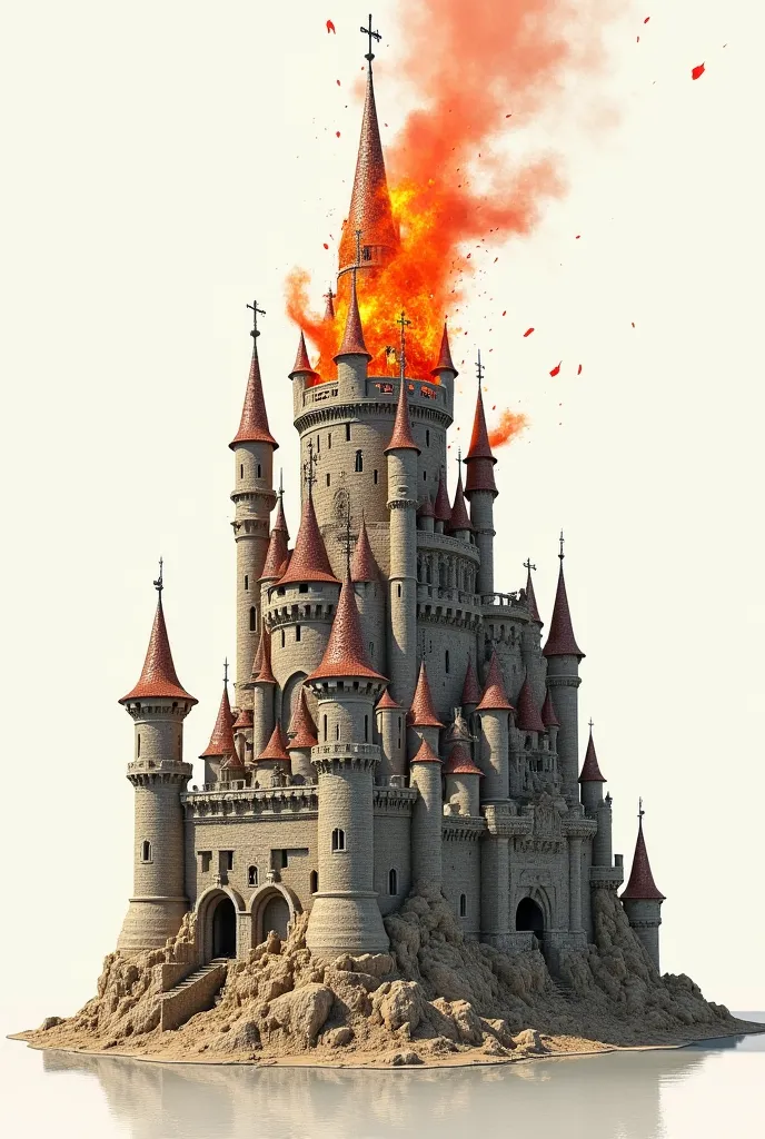 I want a drawing in which the lower base is the Castle of the Wolf King of Murcia. At the top of the castle there must be ren with disabilities surrounding the fire and on the ceasefire a sardine. I need it to be a drawing from which a fault-like sculpture...