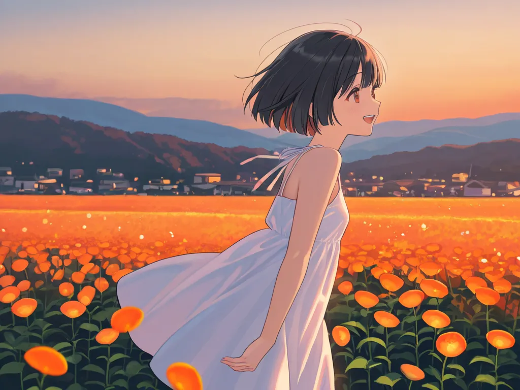 Anime-like Young Woman、 dark-haired bob cut 、Calm Tales。 she has a big smile 、has an expression full of happiness。Wears a white or pastel colored dress、Lightweight design that sways in a soft wind。 The background is a beautiful sunset 、Wears a white or pas...