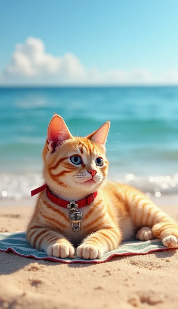 } A realistic cat with a beige coat with stripes is lying in the sand on the edge of Sea on a sunny beach. She rests on a towel, with her legs stretched and an animated expression,  as if it were talking .  Her mouth is slightly open , and her eyes convey ...