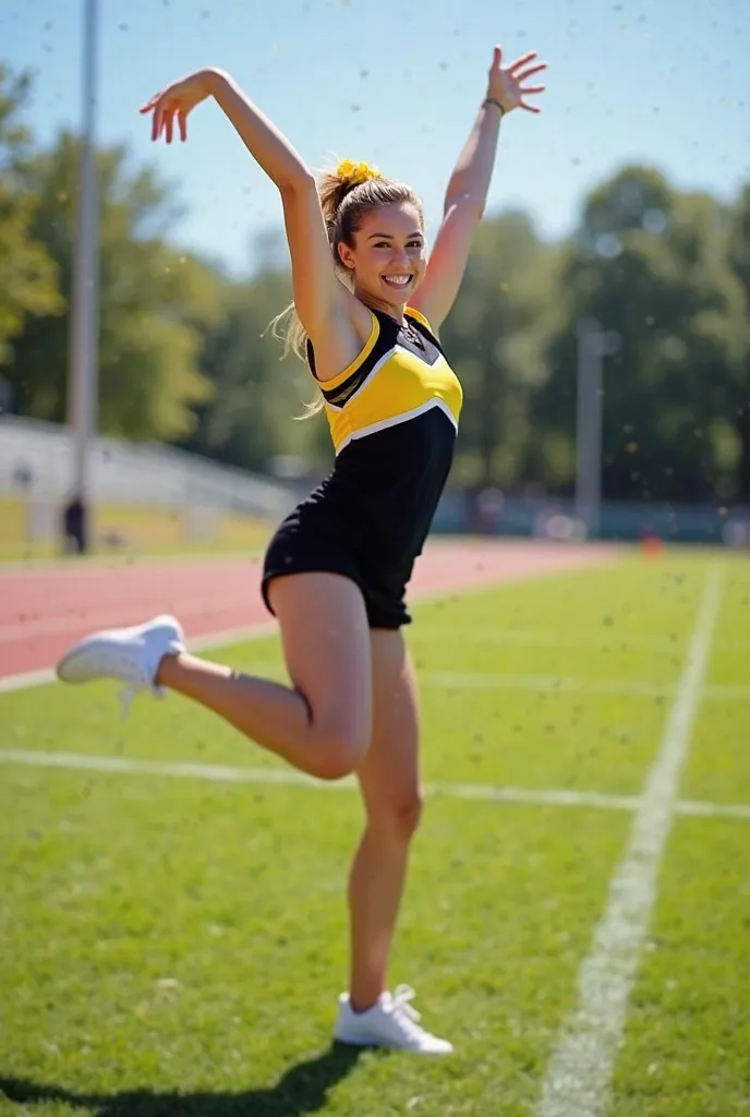 "A happy and energetic cheerleader in a black and yellow uniform performing a high kick on a sunny day. Her arms are raised, her flexibility is impressive, and she is standing on a well-maintained green field with a running track behind her. She radiates p...