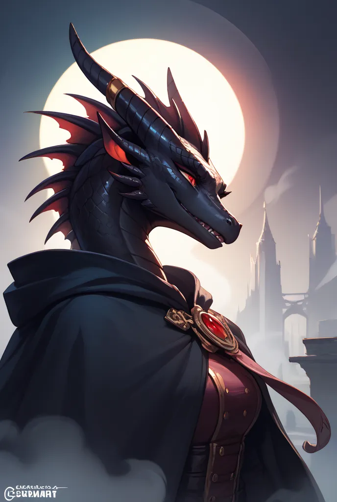 black female human being, black female dragon, He wears a cloak, oud, No wings, travel clothes, black scales,  black skin ,  red eyes, . A mysterious landscape , Dim lighting ,  Oil painting , dark tones, high quality details, sharp focus, advanced photogr...