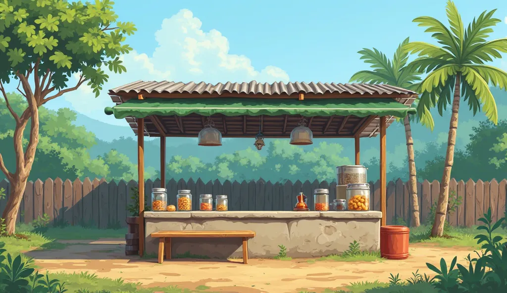 An illustration of a rural tea stall in an Indian village setting. The stall has a corrugated metal roof supported by wooden poles, with a green canopy providing additional shade. The counter area is simple and made of concrete, with jars containing snacks...