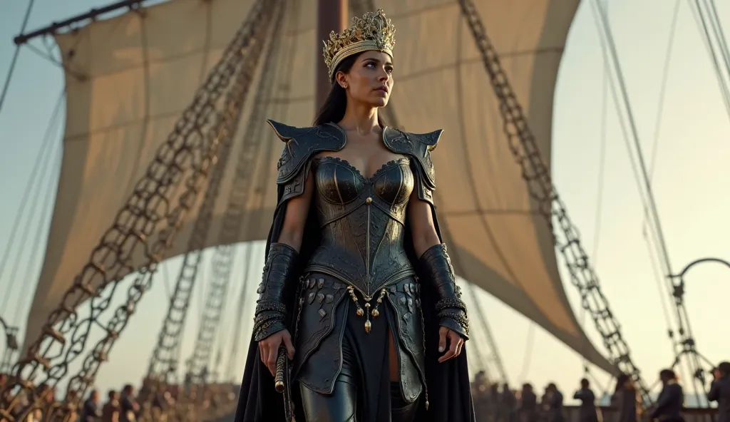 draw a super beautiful and gorgeous, middle aged, ancient Persian female warrior, standing tall, serious and gallant on the deck of a ship, looking forward to the horizon. wearing a black armor with a long black cape and a golden crown, with a sword on her...