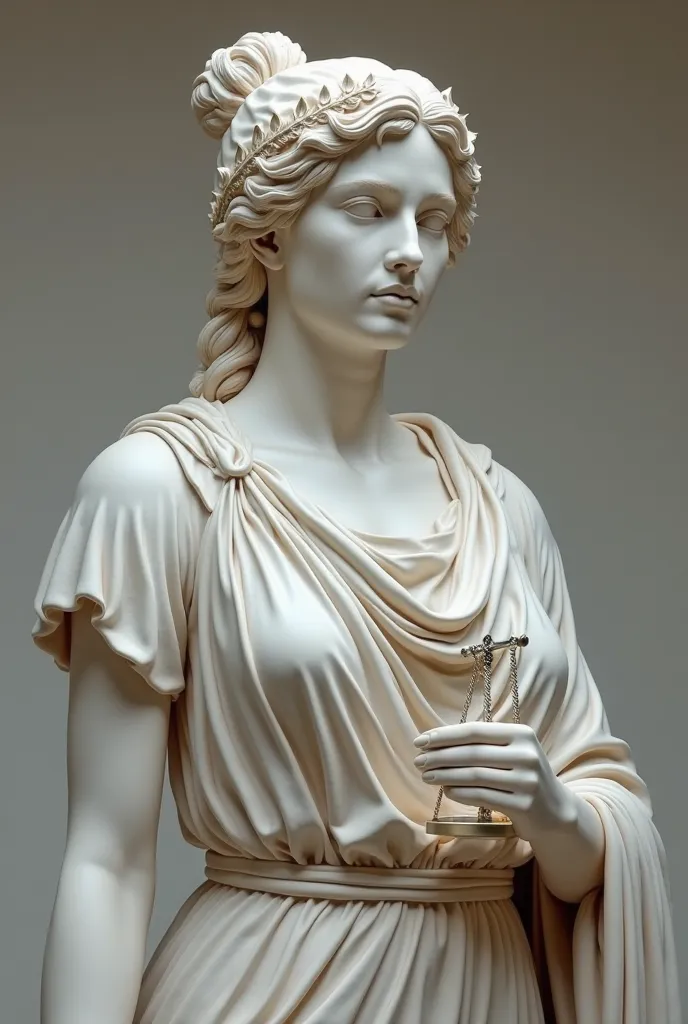 Make a statue of a woman in Roman clothes, Holding the balance of law, Do it only from the bust up