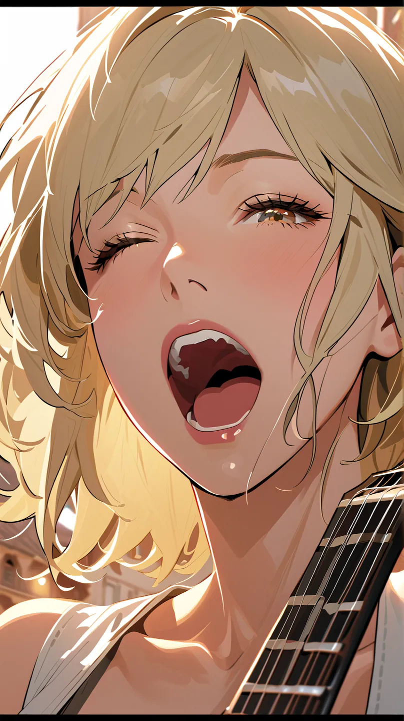 A stunning blonde Caucasian woman passionately singing while playing a guitar in the streets of Italy. Her eyes are closed, her mouth is open wide as she sings with deep emotion. The perspective is a dramatic close-up from the front, capturing the intensit...