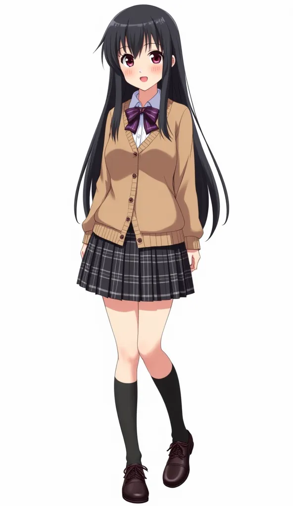 Japanese anime adolescent woman with long straight black hair and intense magenta eyes and wears A set that includes a white blouse with a, a bow tie with the same plaid print as the skirt, and a brown cardigan with buttons and a pleated skirt with a check...