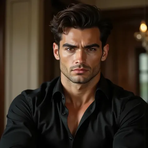 An attractive young and powerful man of 26 years old, perfect European look, ((Henry Cavill )) defined masculine features and athletic physical With her build, impoverished. Has a serious and arrogant expression. Face matching,  perfect shiny skin . Has da...
