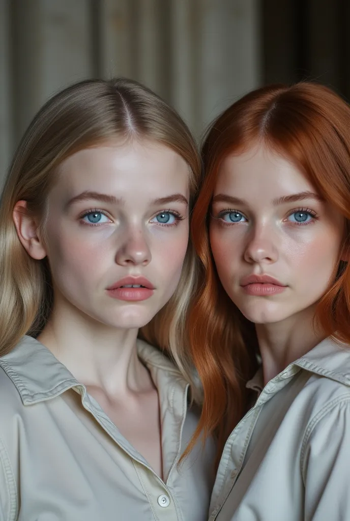  An image of beautiful Young s ôdtriplets with white skin , aquamarine eyes.  That one has ash blond hair ,  another red hair and one has light brown hair . Let the background be in a castleLet it be a realistic photo.