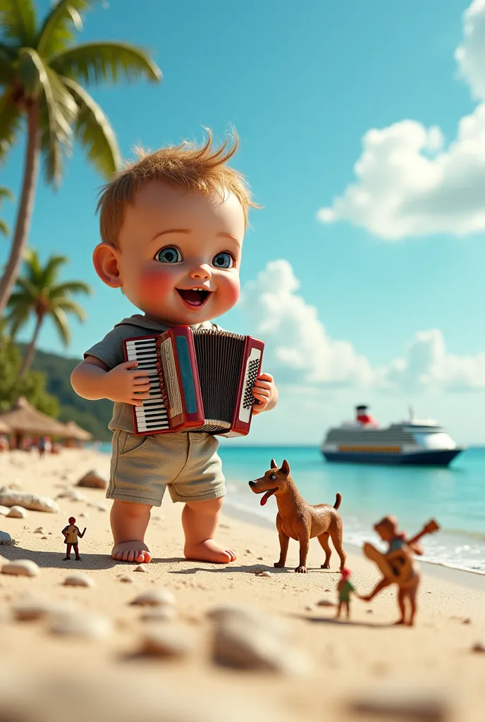 A hyper-realistic photo of a giant baby playing the accordion and a giant dog playing the guitar on a tropical beach. The baby and the dog must look as real as a professional photograph, with natural skin textures, realistic fur, and lifelike expressions. ...