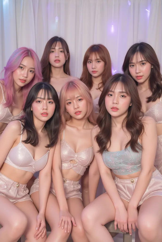 A stunning girl group of 8 pale-skinned Korean girls, each with unique and vibrant hair colors. They are dressed in stylish, coordinated stage outfits that reflect a modern K-pop aesthetic, blending elegance and trendiness. Their expressions exude confiden...