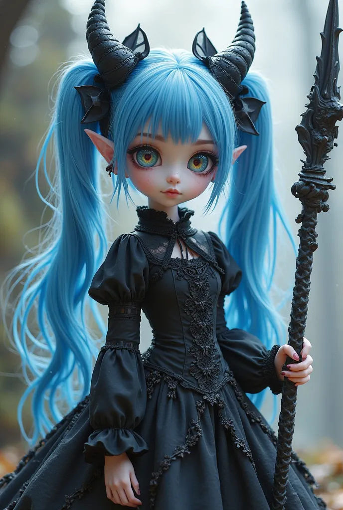 A young petite dragonkin girl with long blue twintails, princess cut bangs, with two horns curving back over her head and pale white skin, rainbow coloured eyes, in a black gothic lolita dress, with a black dragon scale tail, using a halberg as a weapon