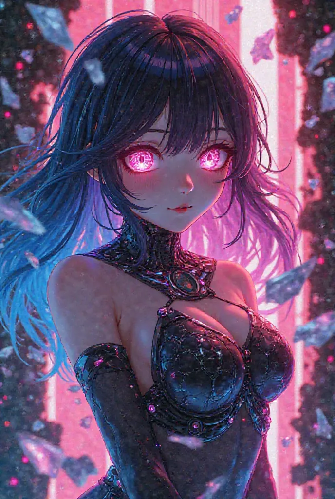 An anime-style cyber-neon red girl breaking through shattered reality, now with a joyful and radiant expression. Her highly detailed eyes glow with an intricate holographic pattern, reflecting a futuristic digital world. Showing delicate neon circuits runn...