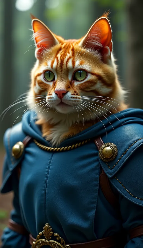 Close-up of León, a noble medieval cat dressed in a finely detailed blue tunic, the fabric slightly worn from his travels. His golden fur is sleek, his green eyes focused and full of determination, yet with a hint of hesitation. His whiskers twitch slightl...